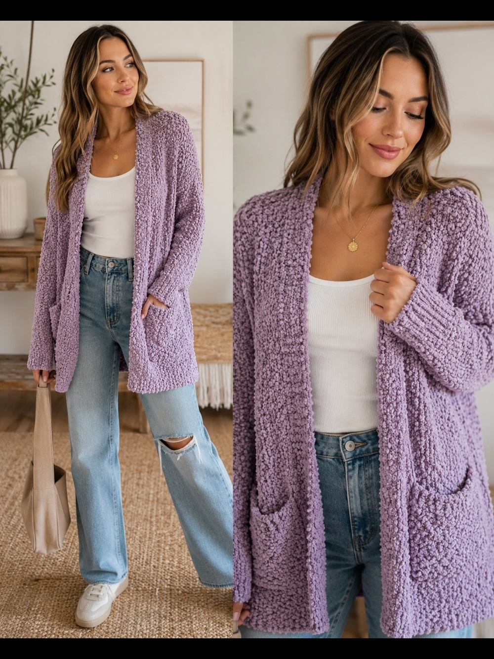 Pink Rose Lavender Popcorn Knit Open Cardigan